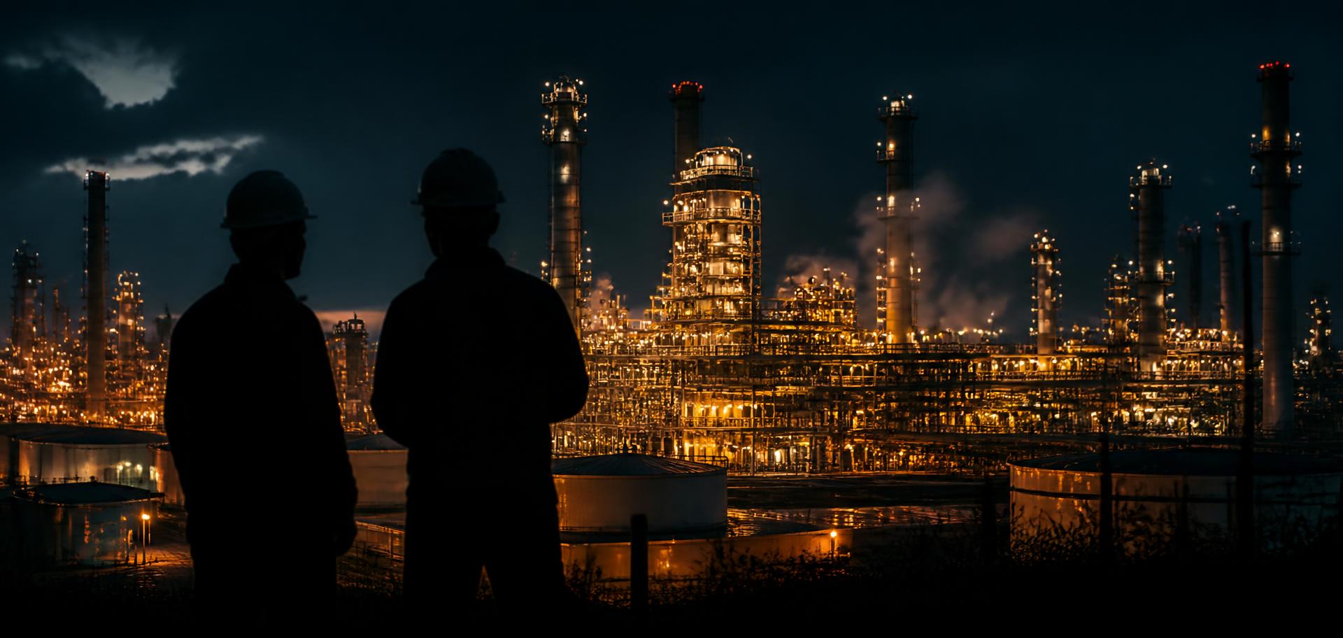 Operarios frente a una planta industrial iluminada de noche
