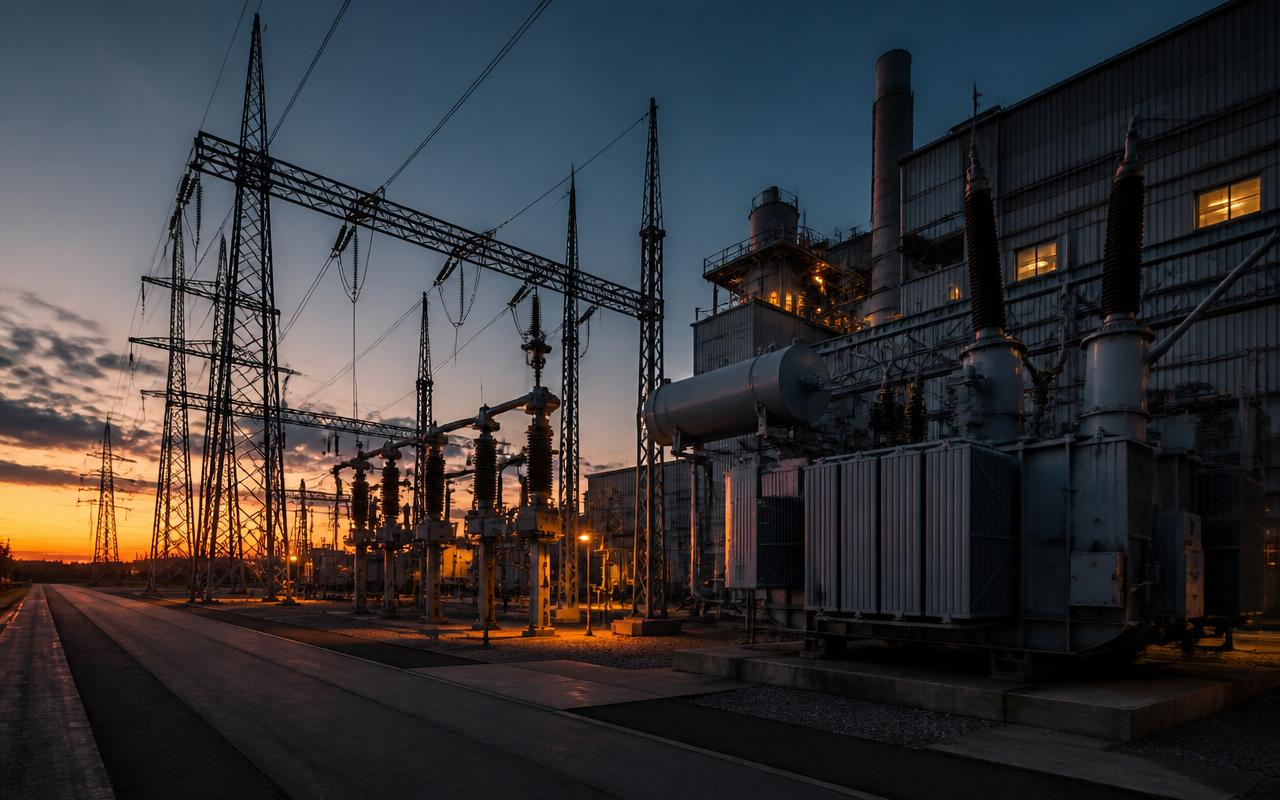 Subestación eléctrica industrial con transformadores y líneas de alta tensión al atardecer